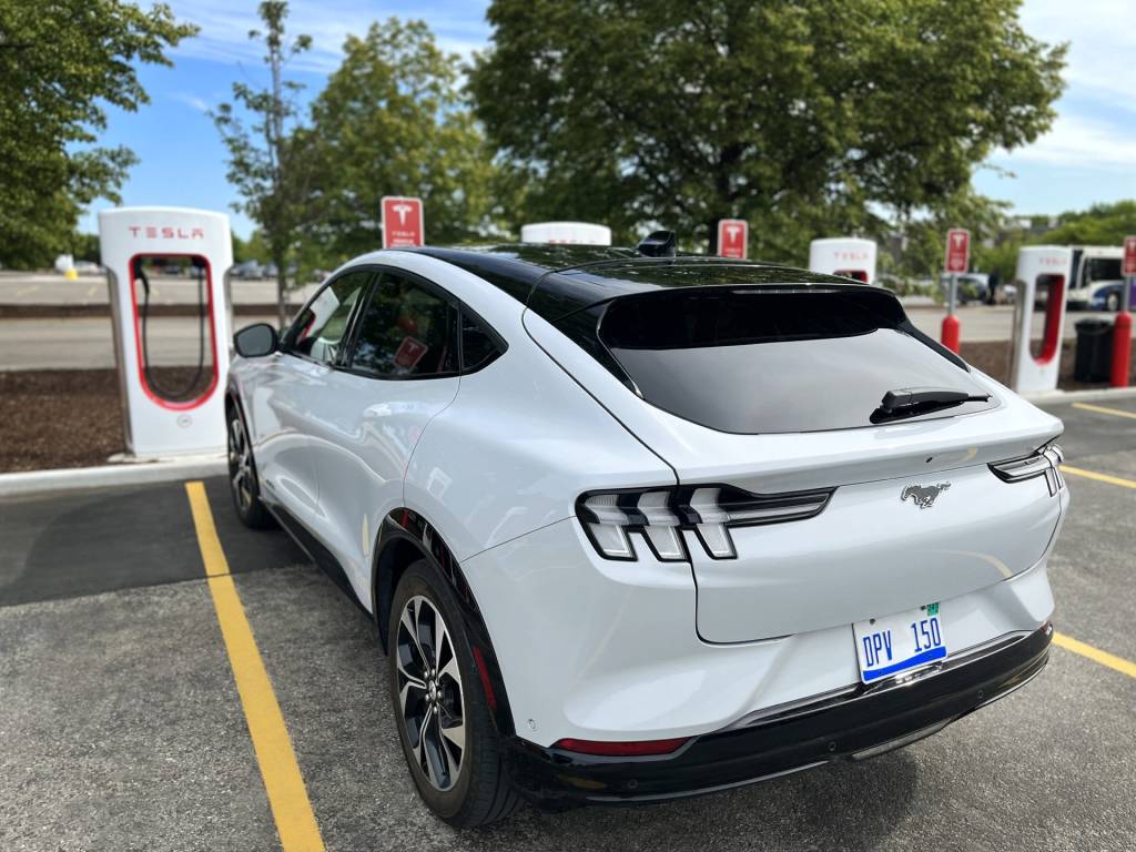 Ford Mustang Mach-E at Tesla Supercharger