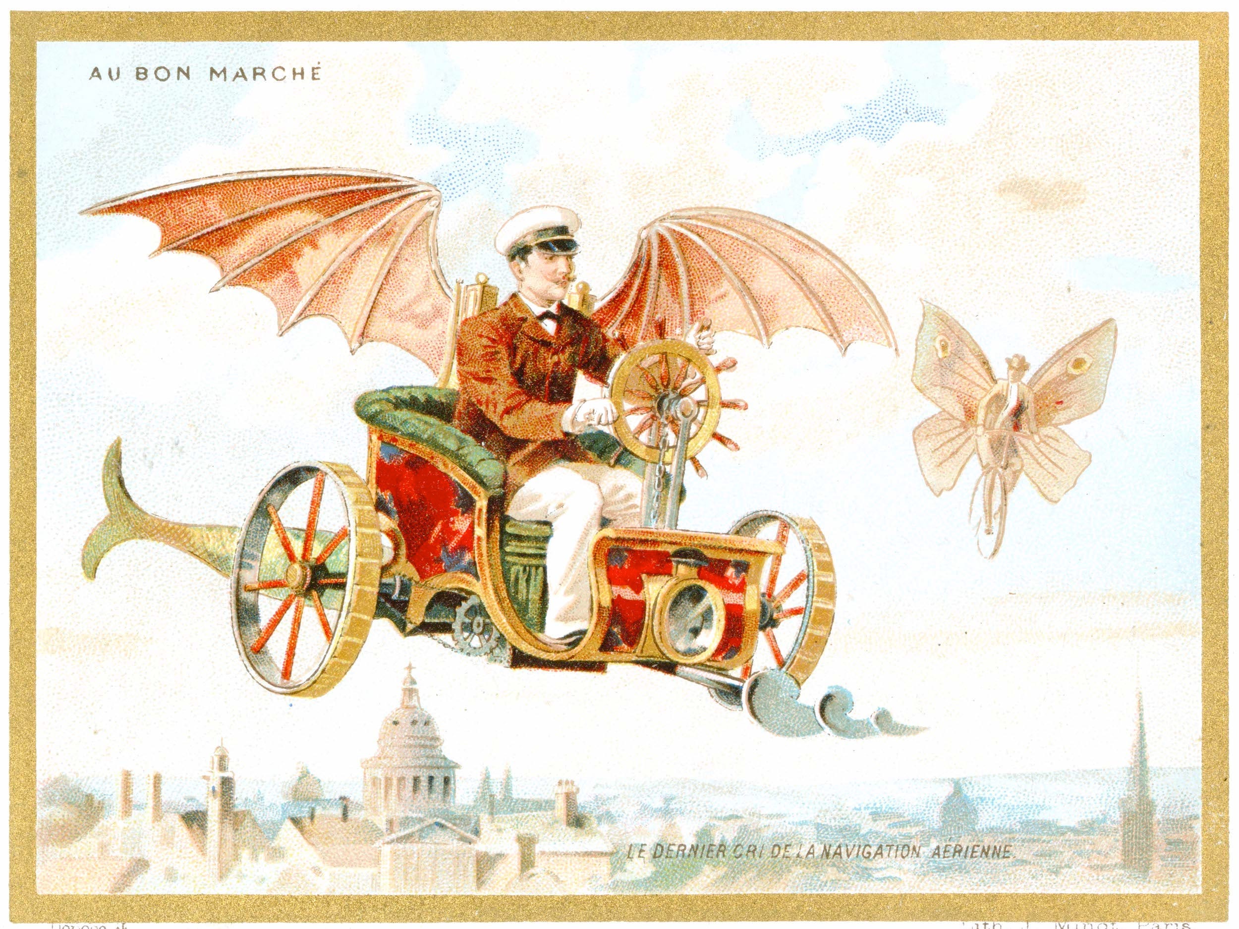 A futuristic ad card depicting a flying car from the Au Bon Marce company