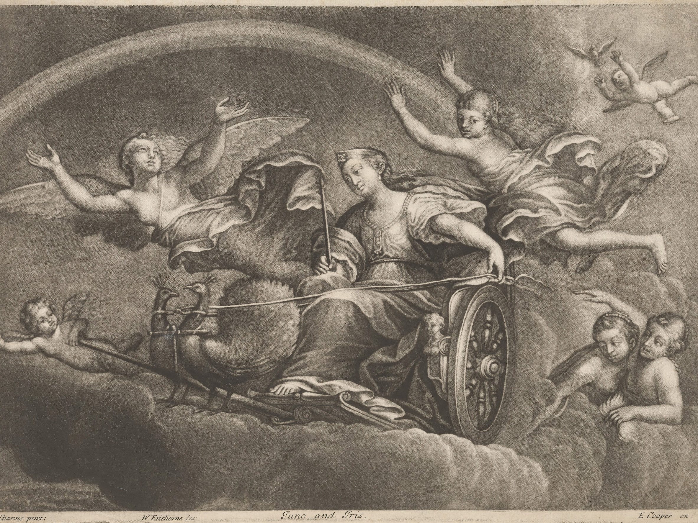 Juno and Iris in a chariot pulled by peacocks in the sky surrounded by angels